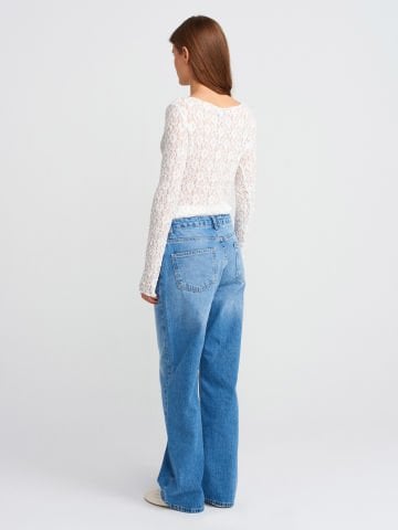 Dilvin 71790 Boru Paça Efektli Kumaş Denim Pantolon-Mavi