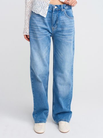 Dilvin 71790 Boru Paça Efektli Kumaş Denim Pantolon-Mavi