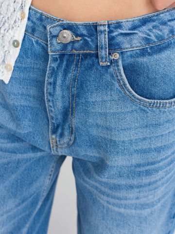 Dilvin 71790 Boru Paça Efektli Kumaş Denim Pantolon-Mavi
