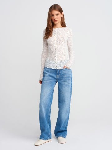 Dilvin 71790 Boru Paça Efektli Kumaş Denim Pantolon-Mavi