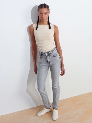 Dilvin 71793 Yanı Yırtmaçlı Comfort Likra Denim Pantolon-Gri