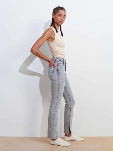 Dilvin 71793 Yanı Yırtmaçlı Comfort Likra Denim Pantolon-Gri