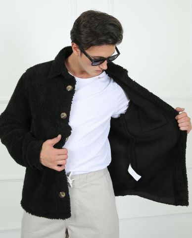 Twister Pole J58-01 Cep Detaylı Kalın Peluş Ceket Black