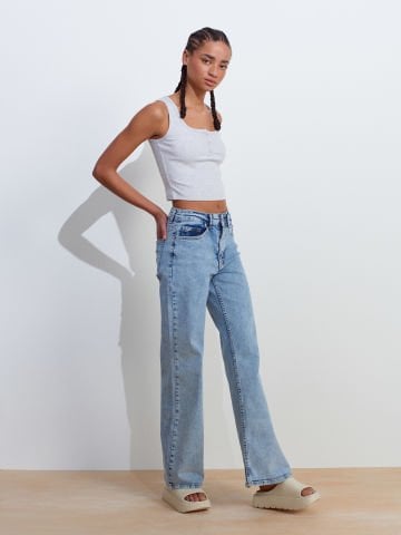 Dilvin 71796 Likralı Wideleg Denim Bol Pantolon-Tint