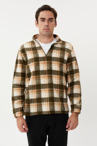ESW 2776 Yarım Fermuar Dik Yaka Ekose Kaşe Erkek Sweat Green Camel