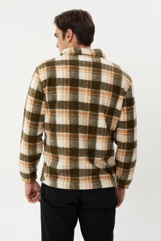 ESW 2776 Yarım Fermuar Dik Yaka Ekose Kaşe Erkek Sweat Green Camel