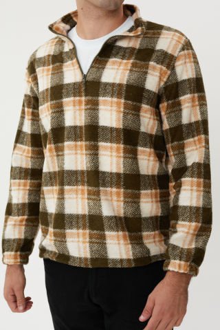 ESW 2776 Yarım Fermuar Dik Yaka Ekose Kaşe Erkek Sweat Green Camel