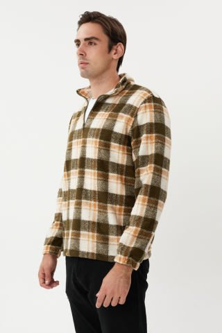 ESW 2776 Yarım Fermuar Dik Yaka Ekose Kaşe Erkek Sweat Green Camel