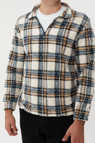 ESW 2778 Yarım Fermuar Dik Yaka Ekose Kaşe Erkek Sweat Navy Ecru