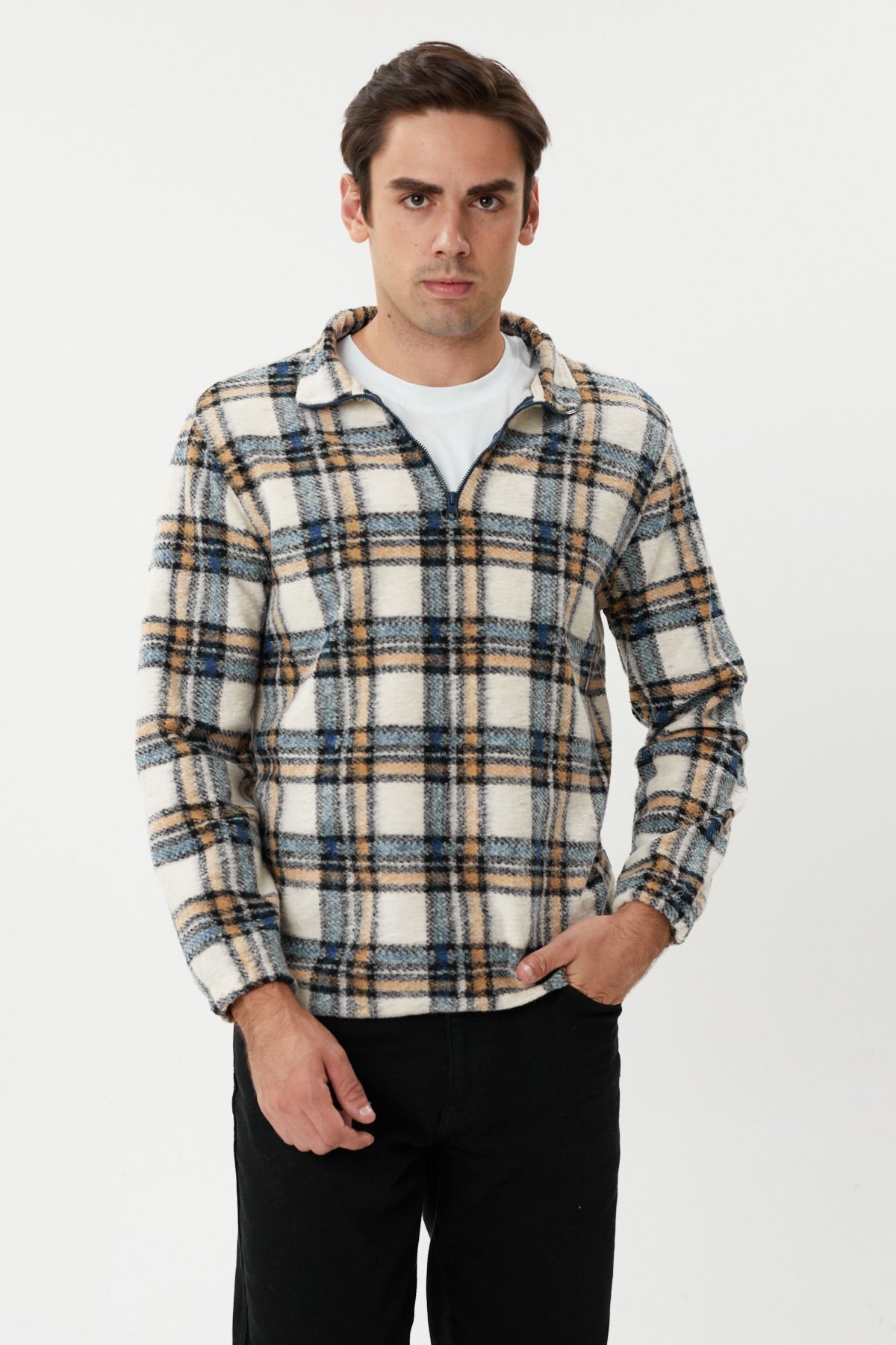 ESW 2778 Yarım Fermuar Dik Yaka Ekose Kaşe Erkek Sweat Navy Ecru