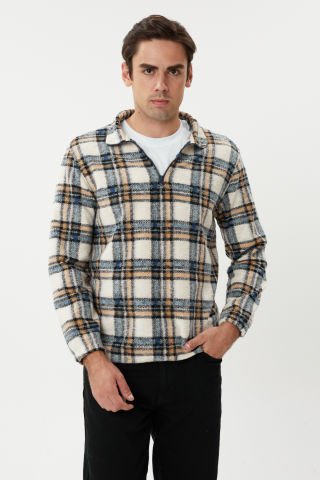 ESW 2778 Yarım Fermuar Dik Yaka Ekose Kaşe Erkek Sweat Navy Ecru