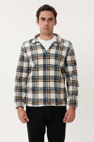 ESW 2778 Yarım Fermuar Dik Yaka Ekose Kaşe Erkek Sweat Navy Ecru