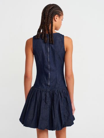 Dilvin 90548 Balon Mini Denim Elbise-Lacivert