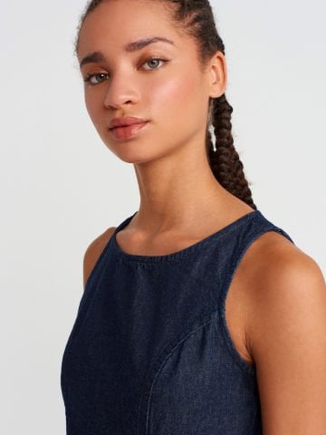 Dilvin 90548 Balon Mini Denim Elbise-Lacivert
