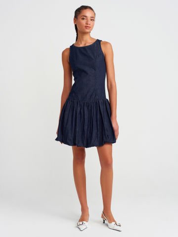 Dilvin 90548 Balon Mini Denim Elbise-Lacivert