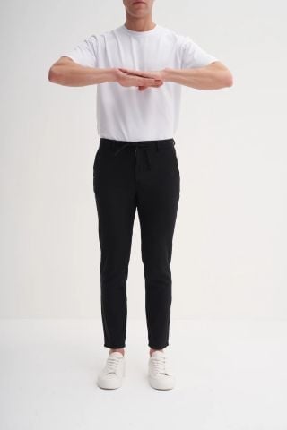 Cazador 0008 Bel Bağcıklı Ham Keten Jogger Pantolon Siyah