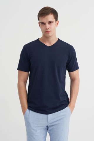 Cazador 4619 STN. V YAKA ERKEK DÜZ RENK LİKRALI T-SHIRT Lacivert