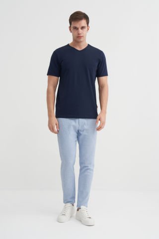 Cazador 4619 STN. V YAKA ERKEK DÜZ RENK LİKRALI T-SHIRT Lacivert