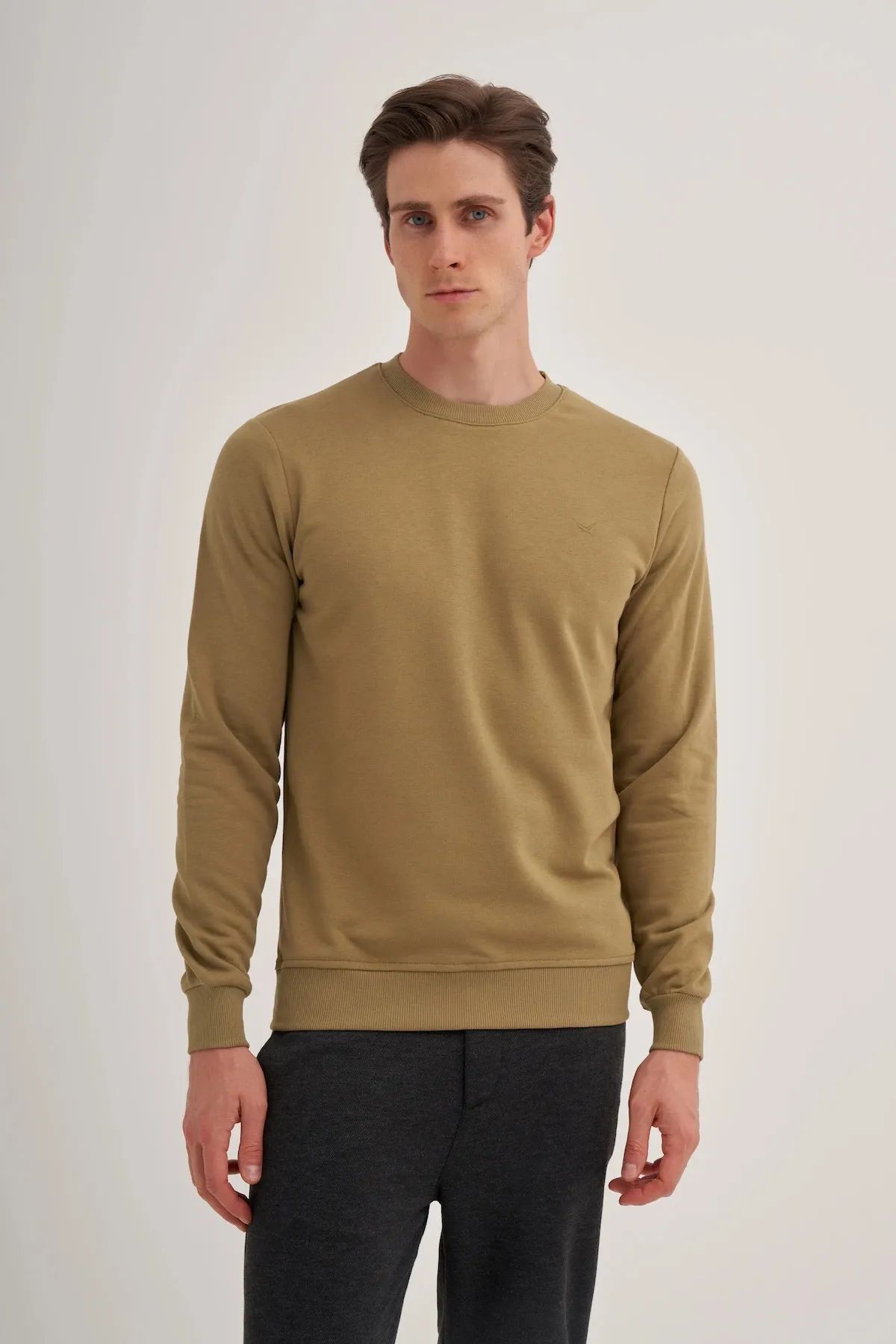 Caz 5610 Bisiklet Yaka 3 İplik Şardonsuz Erkek Basic Sweat Zeytin yeşili