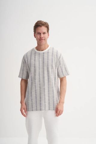 Cazador 4013 Bisiklet Yaka Relax Fit Örme Çizgili Tişört A.Lacivert