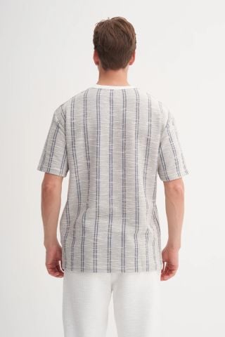 Cazador 4013 Bisiklet Yaka Relax Fit Örme Çizgili Tişört A.Lacivert