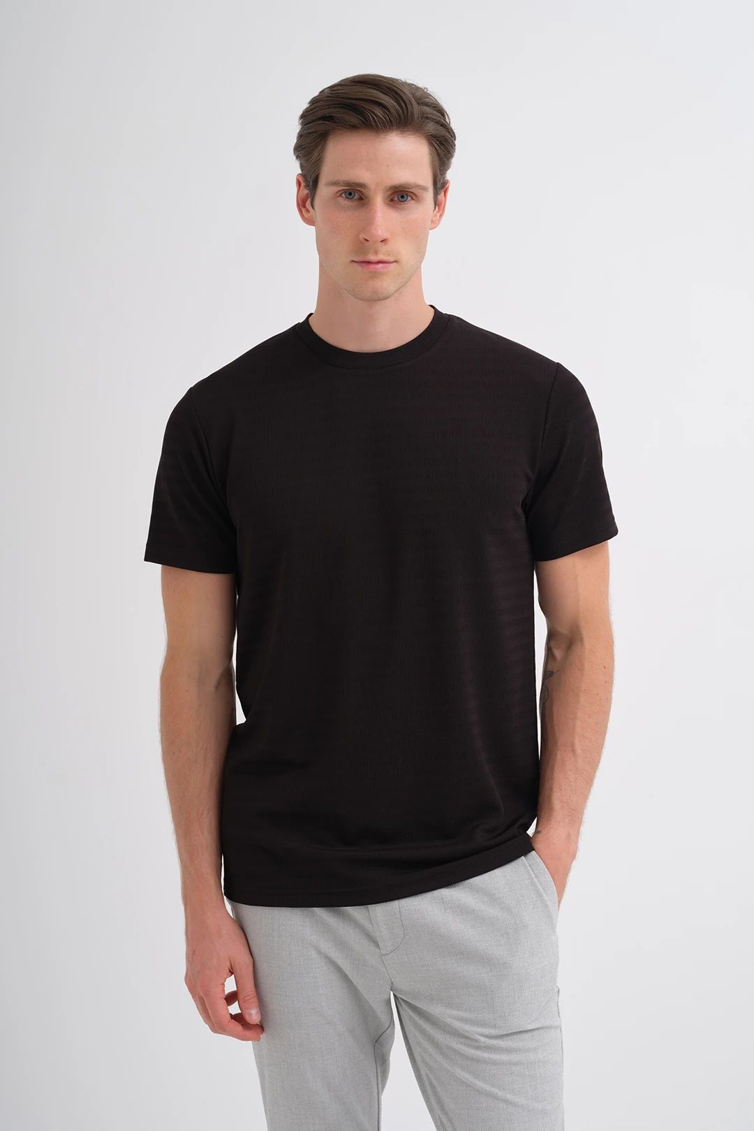 CAZ 4047 Bisiklet Yaka Kendinden Desdenli Erkek Micro T-Shirt Siyah
