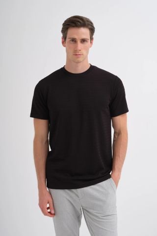 CAZ 4047 Bisiklet Yaka Kendinden Desdenli Erkek Micro T-Shirt Siyah