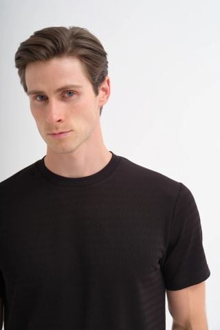 CAZ 4047 Bisiklet Yaka Kendinden Desdenli Erkek Micro T-Shirt Siyah