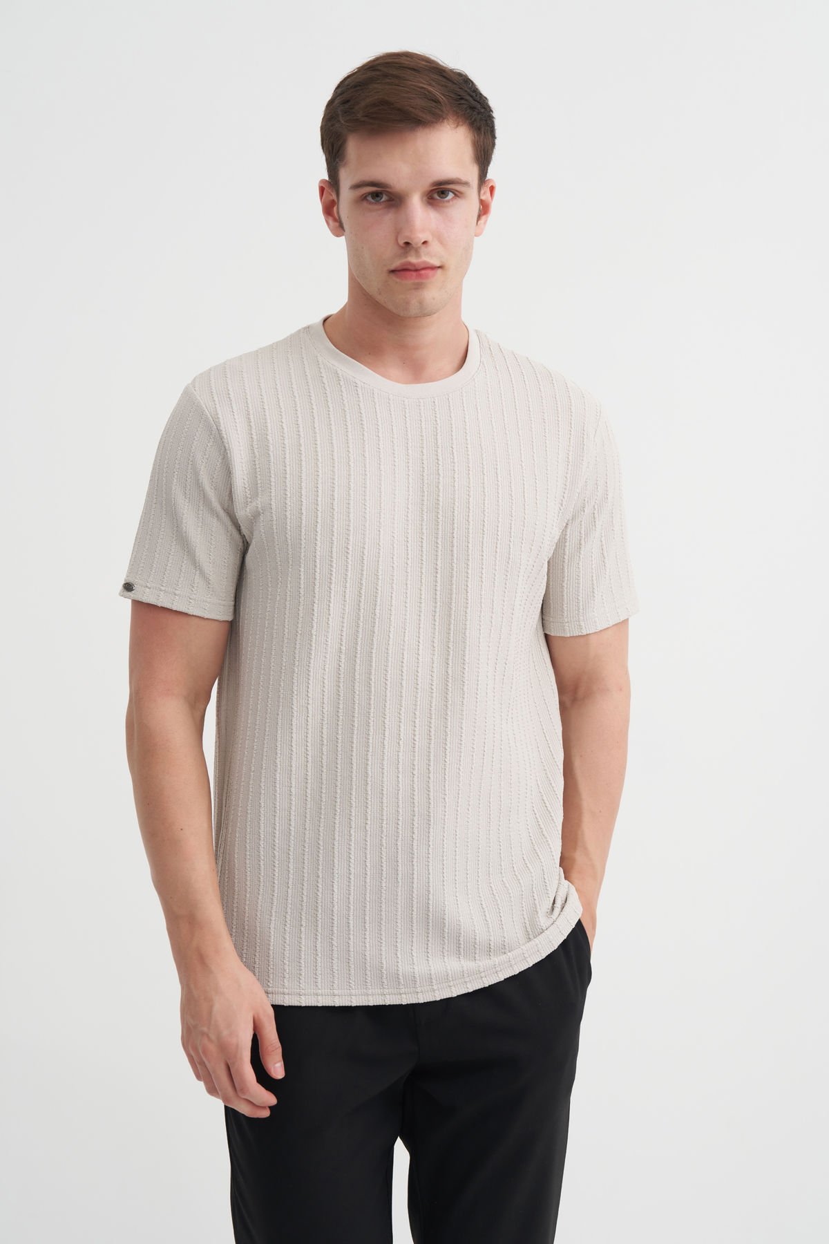 Caz 4051 Bisiklet Yaka Kendinden Dokulu Erkek T-Shirt A.Gri
