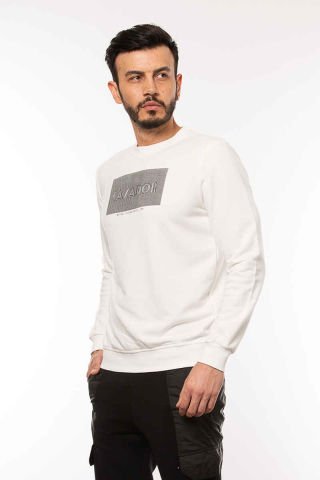 Caz 5003 Bİsiklet Yaka Baskılı Erkek Sweat Ekru