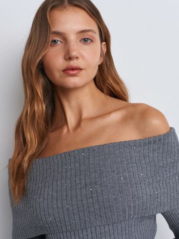 Dilvin 10705 Bardot Yaka Pullu Fitilli Triko Kazak-Füme Mel.