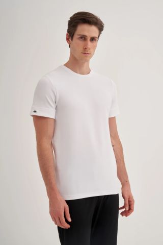 Cazador 4202 Bisiklet Yaka Kendinden Dokulu Micro Erkek T-shirt Beyaz