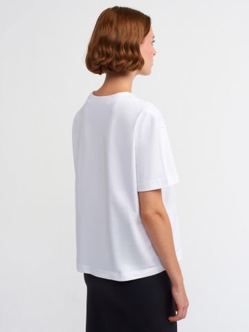 Dilvin 30312 Dekoratif Dikişli Bisiklet Yaka Tshirt-Beyaz