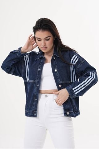 AST 823 Çizgi Detaylı Kadın Kot Ceket Mavi