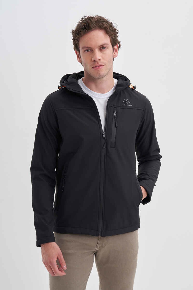 CAZ 1047 Kapşonlu Su Geçirmez Erkek Softshell Mont Siyah
