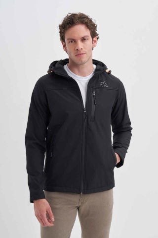 CAZ 1047 Kapşonlu Su Geçirmez Erkek Softshell Mont Siyah