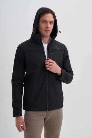 CAZ 1047 Kapşonlu Su Geçirmez Erkek Softshell Mont Siyah
