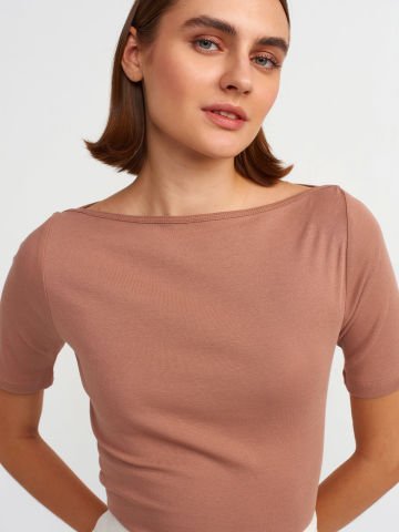 Dilvin 31164 Kayık Yaka T-shirt-Açık Kahve