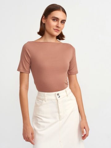 Dilvin 31164 Kayık Yaka T-shirt-Açık Kahve