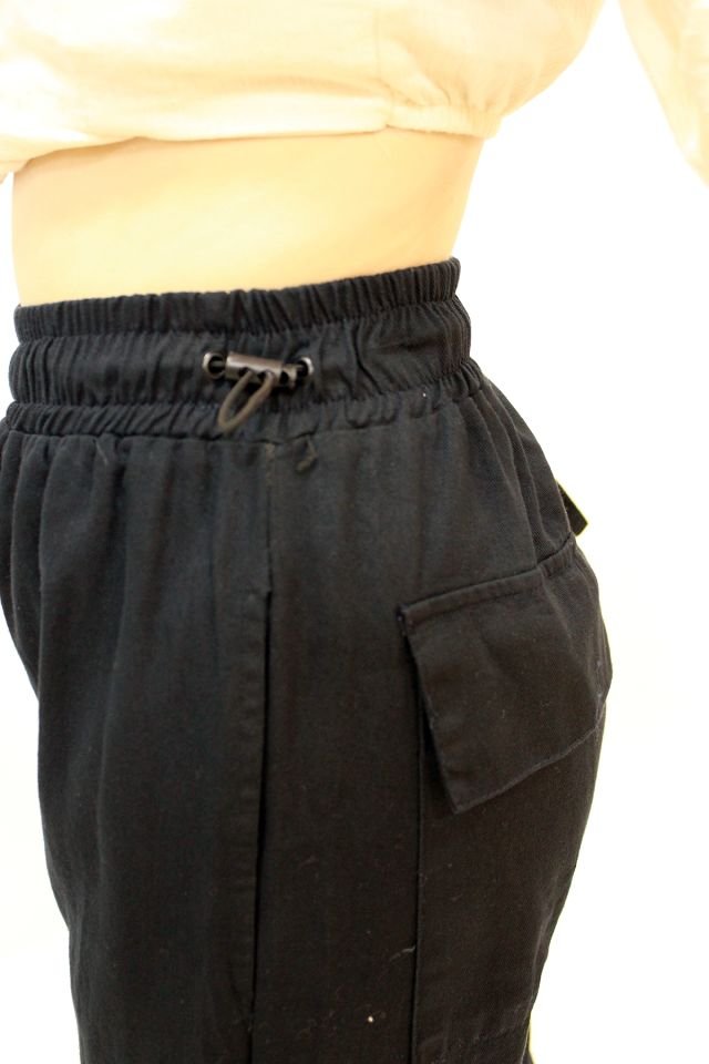 AST 0245 Beli ve Paçası Lastikli Gabardin Kadın Paraşüt Bol Pantolon Siyah