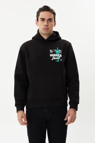 ESW 2747 Sırt Baskılı Kapşonlu 3 plik Şardonlu Erkek Sweat Black