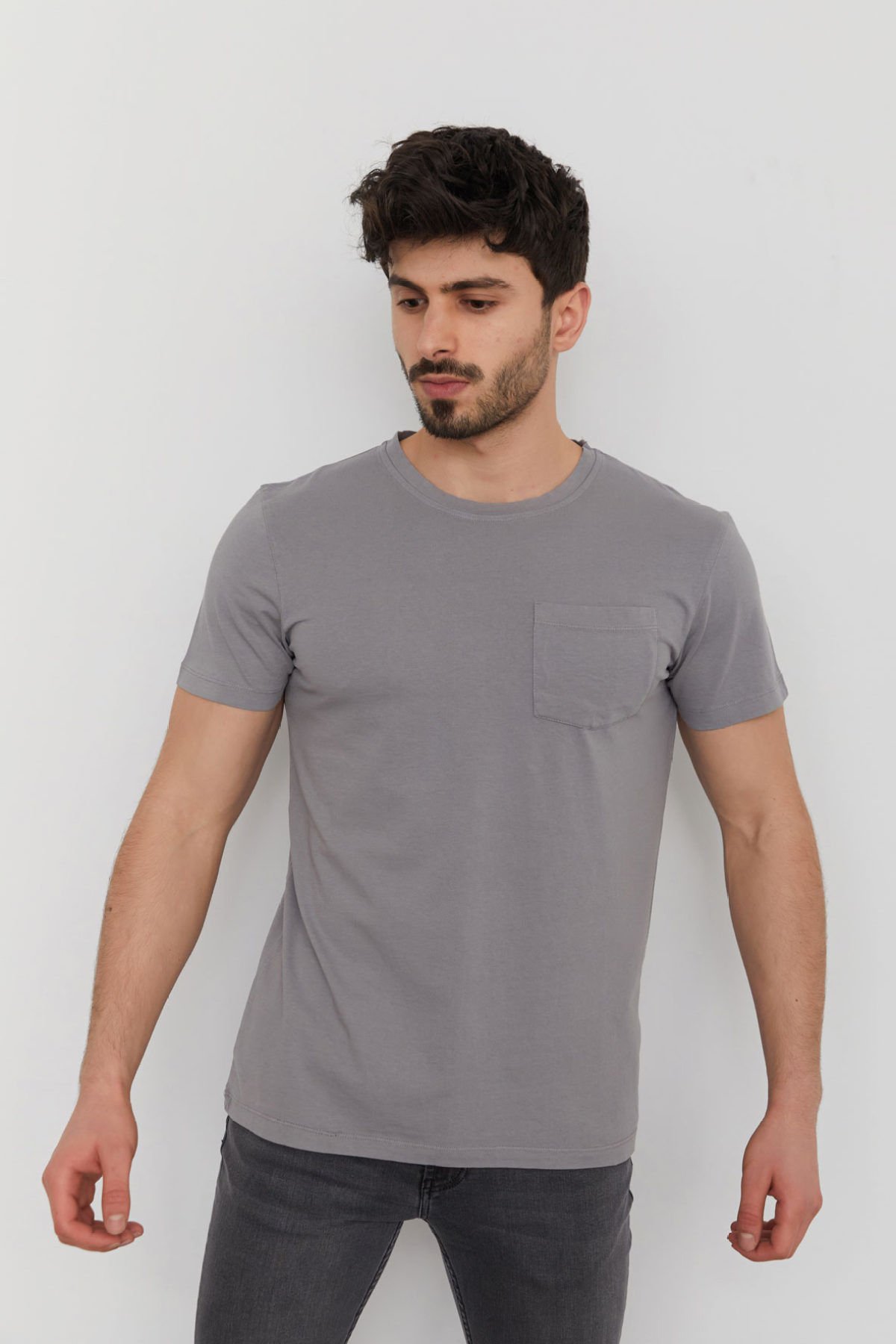 CAZ 4005 Erkek Bisiklet Yaka Cep Detaylı Yıkamalı Basic T-shirt